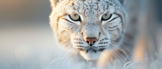 Obraz premium A crisp close-up of a snow leopard's face, speckled with fresh snowflakes Background softly blurred