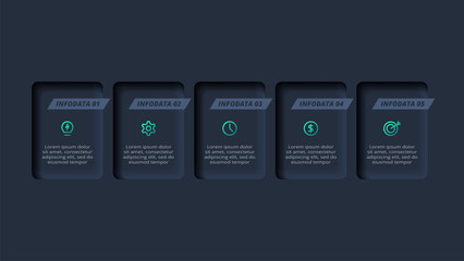 Neumorphic flowchart dark iinfographic. Creative concept for infographic with 5 steps, options, parts or processes.