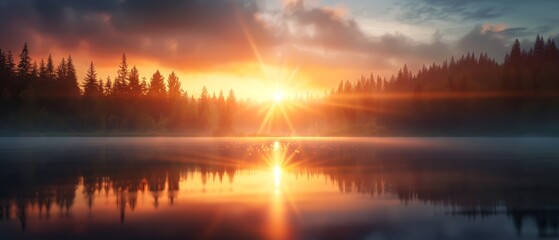 Obraz premium The sun sets over a body of water, with trees lining its opposite shore and clouds scattered in the sky