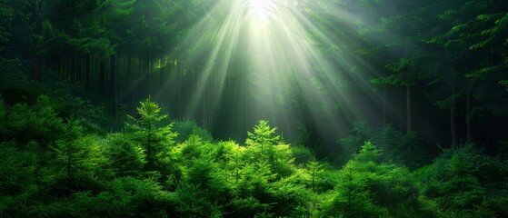  A forest teeming with numerous green trees, bathed in light filtering through tree canopies from above
