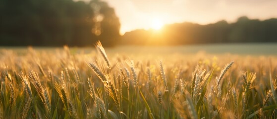  A scene of a tall grass field, sun illuminating the background trees