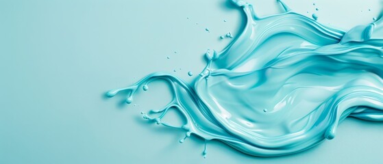  A blue liquid splashes onto a blue surface, creating ripples; below, drops of water form on its bottom edge