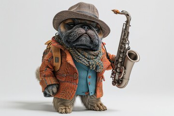 A dog dressed like a human holding a saxophone