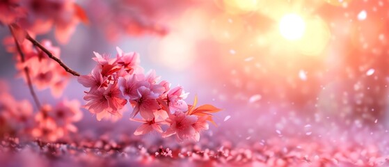 Naklejka premium A multitude of pink blooms dot the top of a verdant green meadow against a backdrop of vibrant yellow and blue skies