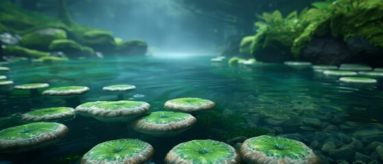  A painting of a tranquil river dotted with numerous water lilies and a scenic waterfall in the backdrop