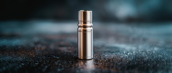  A metal object, focus on close-up, against a black surface Background holds an out-of-focus image of the object