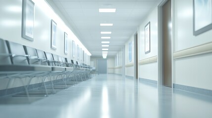 Blurred background of a modern hospital's interior, featuring a long, empty corridor. The waiting area for patients and families is situated along the corridor