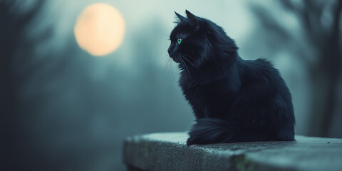 Mysterious Black Cat Sitting on a Stone Wall Under Moonlight in a Foggy Night, Eerie & Enigmatic Halloween Scene

