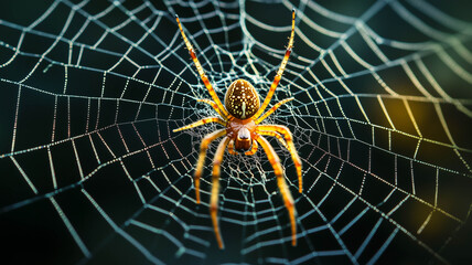 A close-up of an intricately designed spider web with a spider sitting in the center, set against a dark background