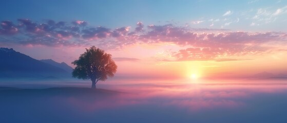  A solitary tree stands amidst foggy landscape, sun setting over distant mountains