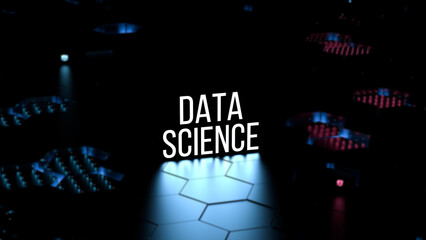 DATA SCIENCE text,glowing neon word on digital background in blur. Data science, scientific concept,wallpaper.3D render