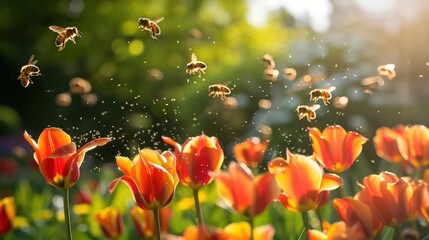 Fototapeta premium Bees in a Meadow of Tulips