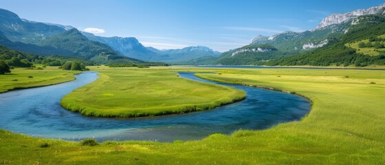  A river runs through a verdant valley, surrounded by valleys teeming with lush green grass Mountains loom in the background