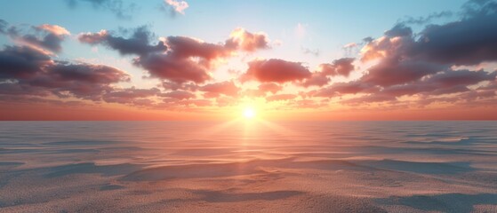 Fototapeta premium The sun sets over the horizon, casting reflective waves in the vast body of water Clouds fill the background