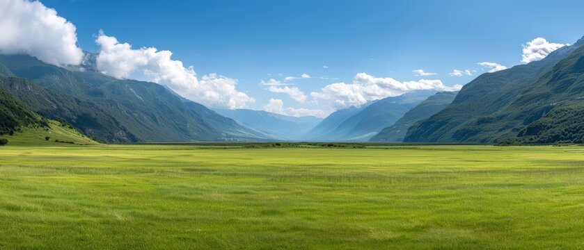  A lush green valley surrounded by mountains under a blue sky, dotted with white clouds..Or:..A green valley nestled among mountains under a clear blue sky, fle