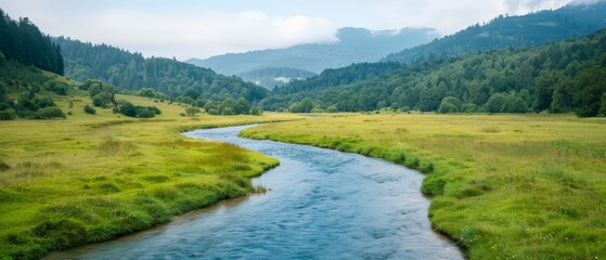 Obraz premium A river flows through a verdant field, bordering a dense forest teeming with abundant green trees