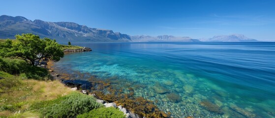  A tranquil body of water borders a lush, green hillside covered in forest, beneath a clear, blue sky Mountains rise in the background