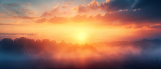 Fototapeta premium In a foggy field, tall trees frame the sun's descent as it sets behind them, their leaves caressing the grass