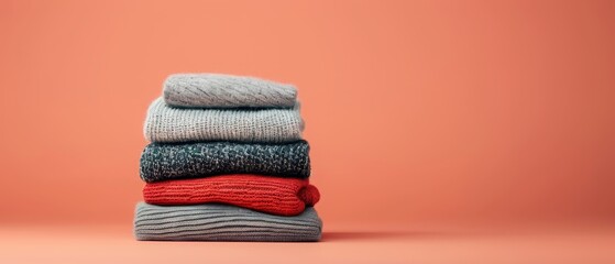  A stack of sweaters arranged on a pink surface against a pink backdrop