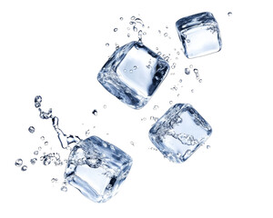 Ice cubes and water splash with bubbles isolated on a transparent background