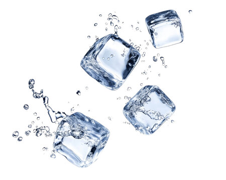 Ice cubes and water splash with bubbles isolated on a transparent background
