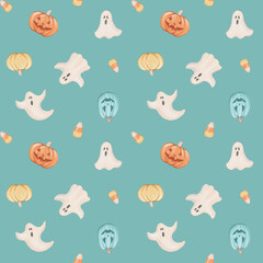 Seamless pattern with Halloween pumpkins, candy and ghost