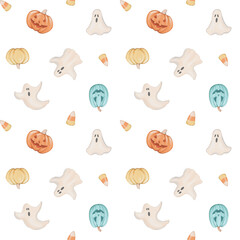 Seamless pattern with Halloween pumpkins, candy and ghost