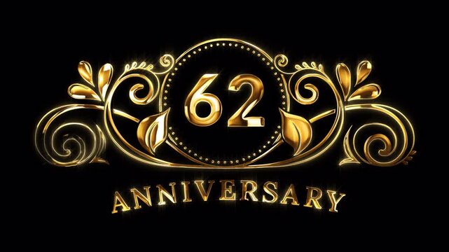 62nd Anniversary Celebration. Happy 62 Years Anniversary Animation in Gold Color on the Transparent Background, Alpha Channel. Great for greetings, celebrations, events, and gifts.