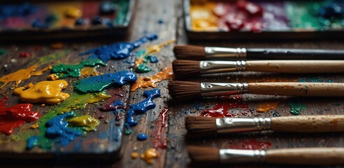 Obraz premium Used brushes on an artist's palette of colorful oil paint