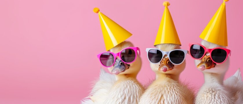 one duck dons a party hat, another does the same