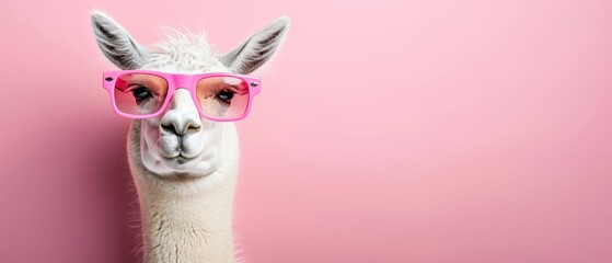 Fototapeta premium A tight shot of a llamas donning pink sunglasses against a solid pink backdrop, framed by a pink wall
