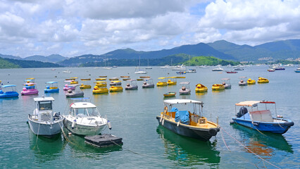 Obraz premium White and yellow recreational outdoor boats, mountain, lake and sky