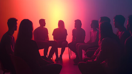 Fototapeta premium A group of people in a support meeting, sitting in a circle, sharing their stories, with a soft halo of light around the group representing hope and solidarity.