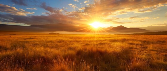 Obraz premium The sun sets over a field of tall grass, mountains distant, blue sky with clouds above