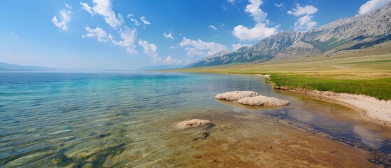 Obraz premium A tranquil body of water dotted with rocks in its center Beyond, a towering mountain range, veiled in distant clouds