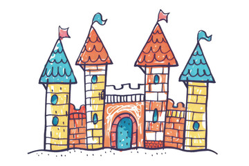 Fototapeta premium Colorful Medieval Castle Illustration with Towers and Flags. Fairytale Fortress with Turrets and Drawbridge