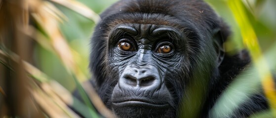 Obraz premium A tight shot of a monkey's face in a tree, surrounded by leaves in the foreground and a soft, indistinct background