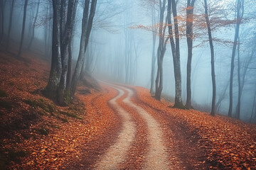 Obraz premium A mysterious path winds through a foggy forest in autumn, creating a surreal and eerie atmosphere. It evokes a sense of adventure and exploration.