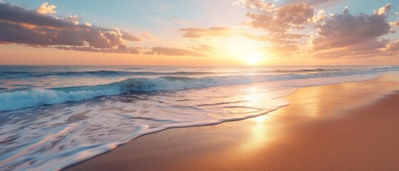  The sun sets over the white-sand beach as waves crash and foam