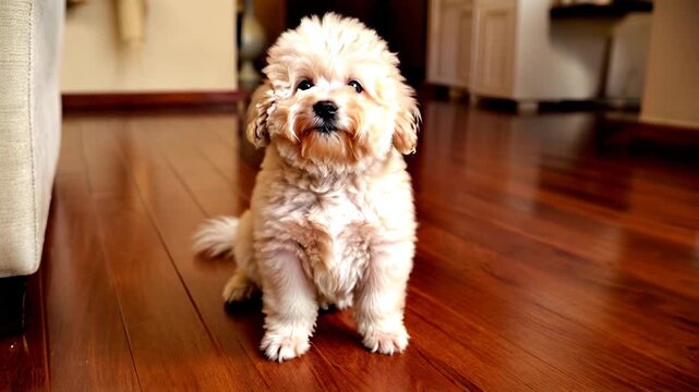 A fluffy dog stands on a wooden floor in a cozy indoor setting, exuding cuteness and playfulness with warm lighting.