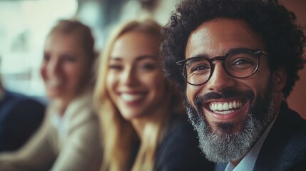 Obraz premium Group of happy corporate people in a meeting, Generative AI