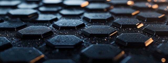 Close-up of a path with hexagonal pattern blocks with lights at night.
