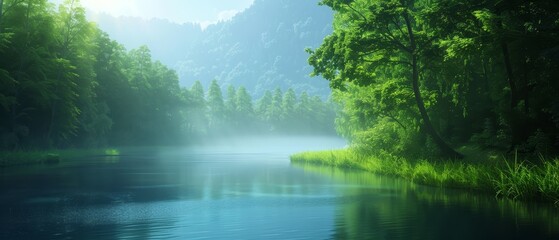 Obraz premium water enclosed by trees, verdant grass beneath tall, leafy arboreal crowns