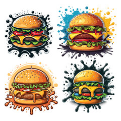 Vibrant cartoon burgers in varied splash backgrounds perfect for food blogs posters