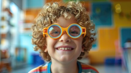 A young boy with curly blonde hair smiles brightly while wearing oversized, yellow, circular glasses.