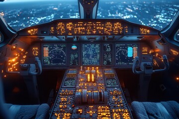 detailed view of a modern aircraft cockpit hightech displays and controls illuminate the flight deck showcasing advanced avionics and autopilot systems