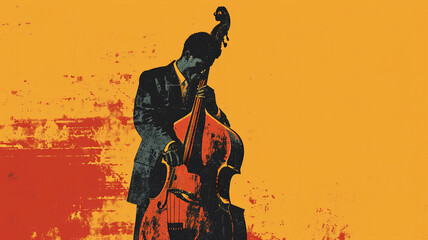 Afro-American male double bass jazz musician playing music in an abstract vintage distressed style painting for a poster or flyer, musical stock illustration image 