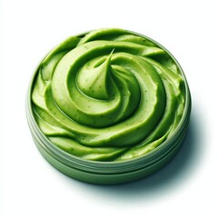 A container of avocado with a white background