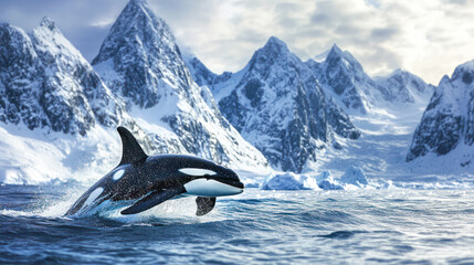 orcas are swimming in the ocean, one of which is jumping out of the water with the mountains in the background. Generative AI