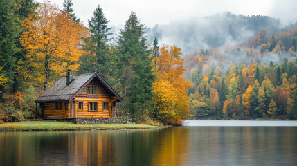 Fototapeta premium A small cabin sits on a lake surrounded by trees. The cabin is wooden and has a rustic feel. Generative AI